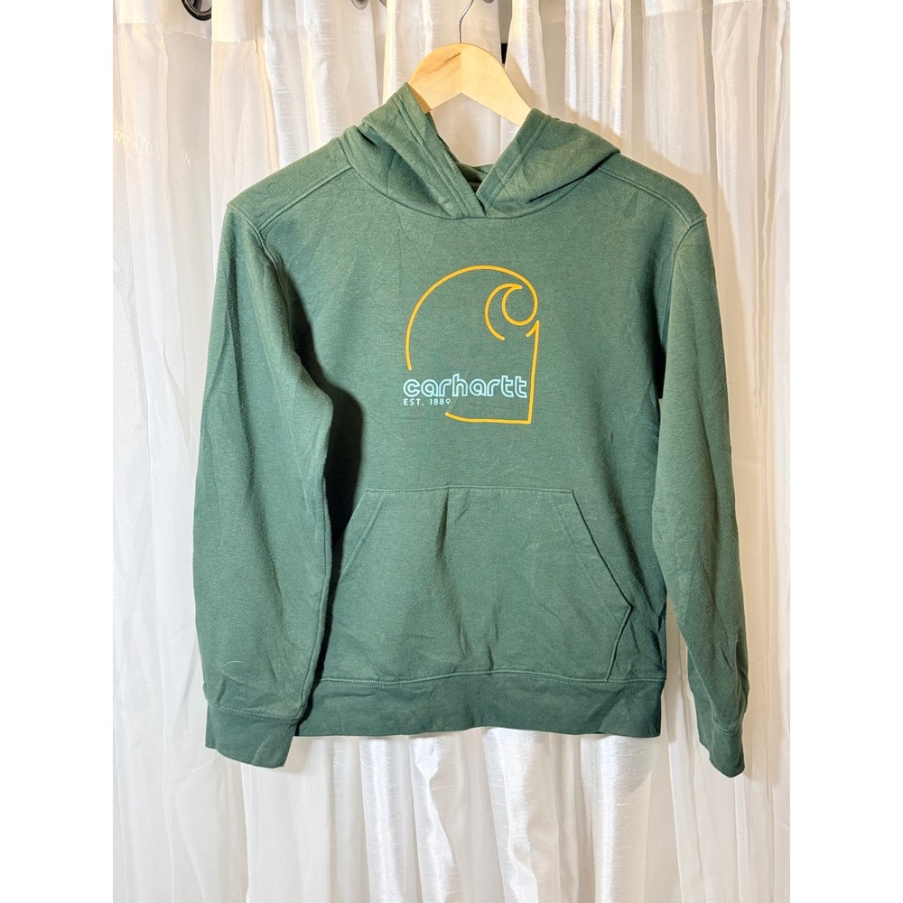 Carhartt Hoodie Kids Medium 10-12 Green Graphic Logo Pullover Sweatshirt